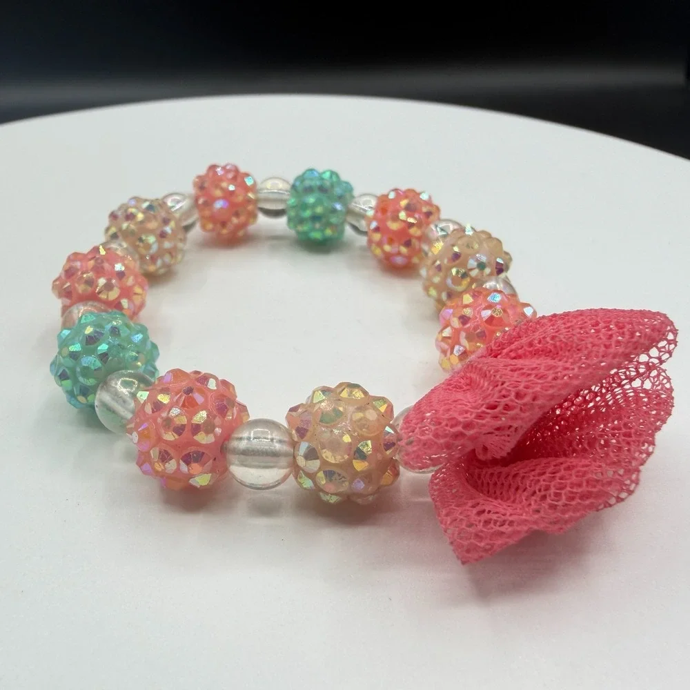 Girls Pink Flower Beaded Stretch Bracelet Sparkly Pastel Kids Gift Cute Floral